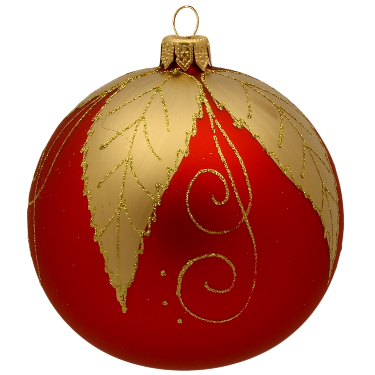 Vánoční koule červená zlatý dekor lístků