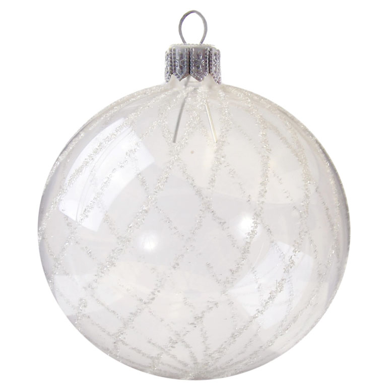 Vánoční koule transparentní s bílým zdobením  Ø  7 cm