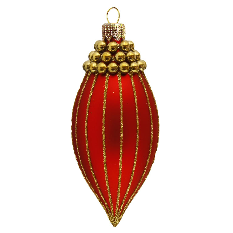 Oliva 8 x 4 cm v červeném matu dekor zlaté svislé proužky a zlaté korálky 