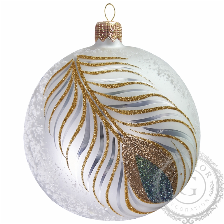 Vánoční koule bílá matná s dekorem pavího pera