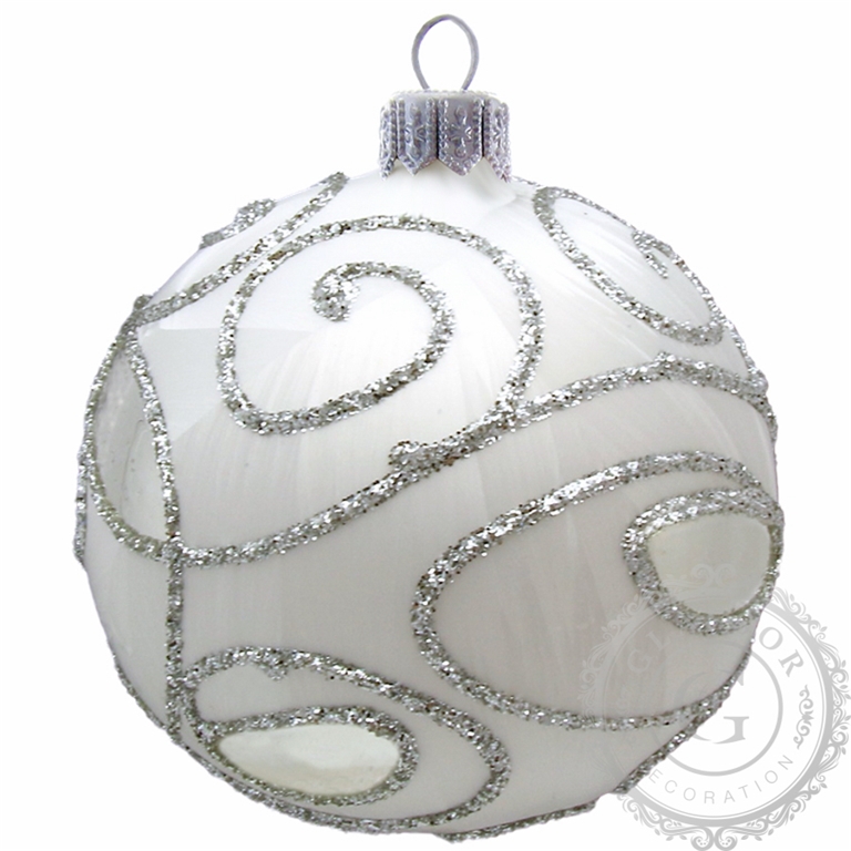 Vánoční koule bílá se stříbrným dekorem