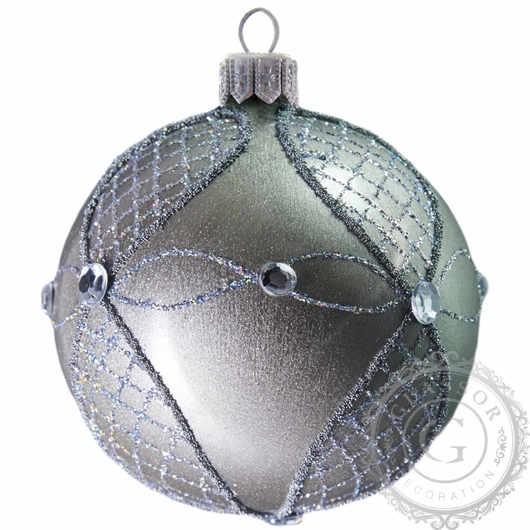 Vánoční koule šedá s ornamenty a kamínky