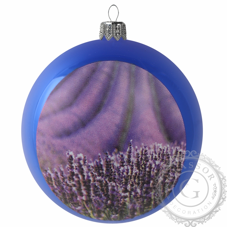 Modrá skleněná koule s dekorem levandulového pole