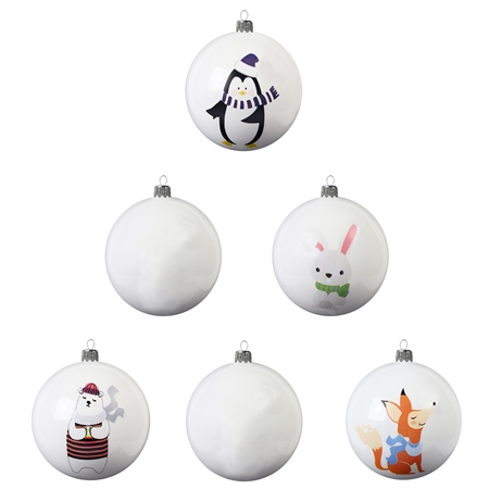 Pack of printed glass Christmas balls: animals