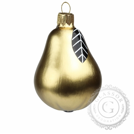 Gold pear ornament with black leaf décor