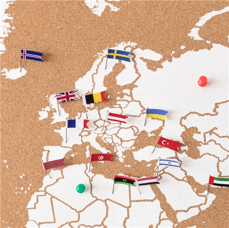 Připínáčky na korkové mapy vlajky Evropy