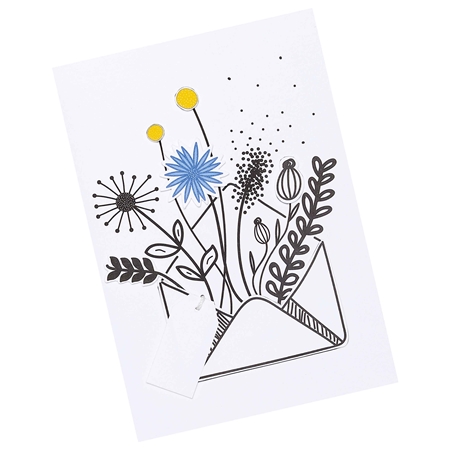 Carte de voeux avec une étiquette avec une fleur bleue