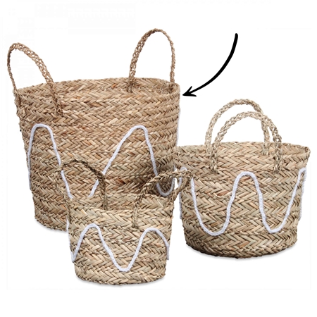 Straw basket with knitted pattern large