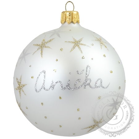 Skleněná vánoční koule se jménem bílá
