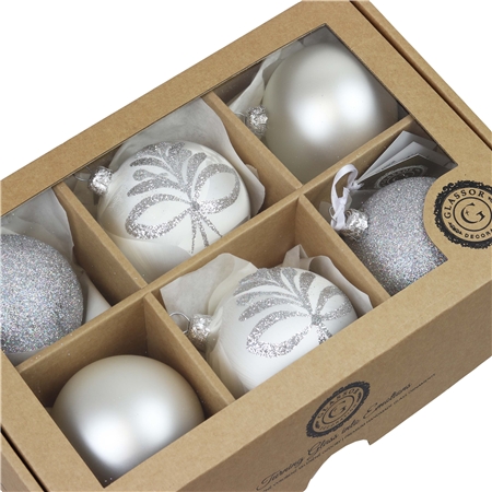 Set of silver and white Christmas baubles