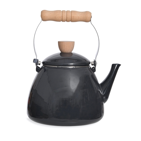 Dark gray kettle with wooden handle
