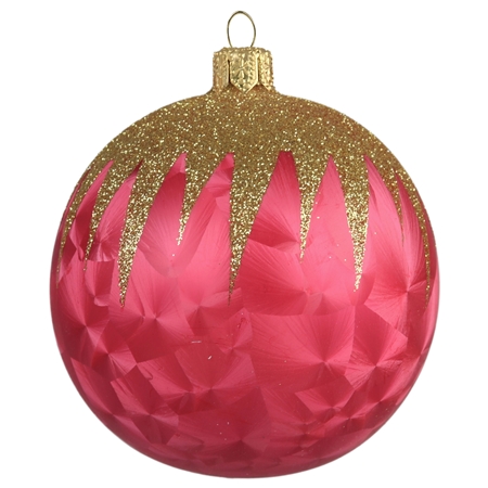 Vánoční skleněná koule v růžovém mrazolaku se zlatým dekorem