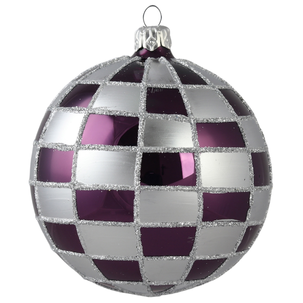 Koule stříbrná s fialovým dekorem šachovnice