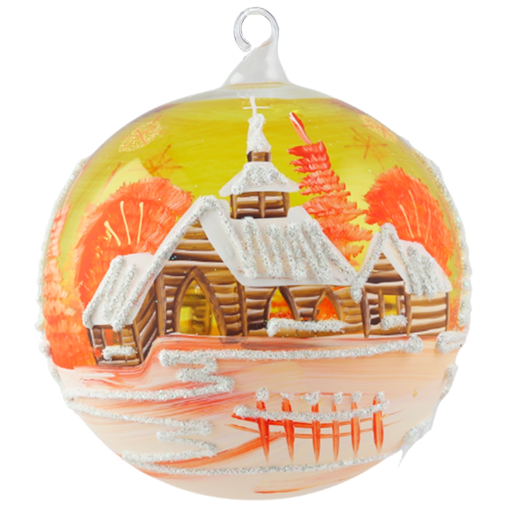 Vánoční koule oranžová s malovanou chaloupkou