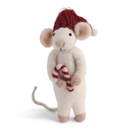 Figurine de souris en feutre avec une canne en bonbon
