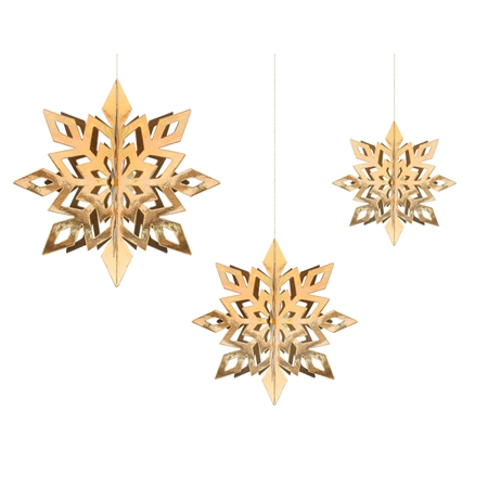 Set of golden paper snowflake ornaments