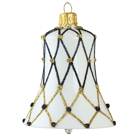 Vánoční zvonek bílý s černo-zlatou síťkou