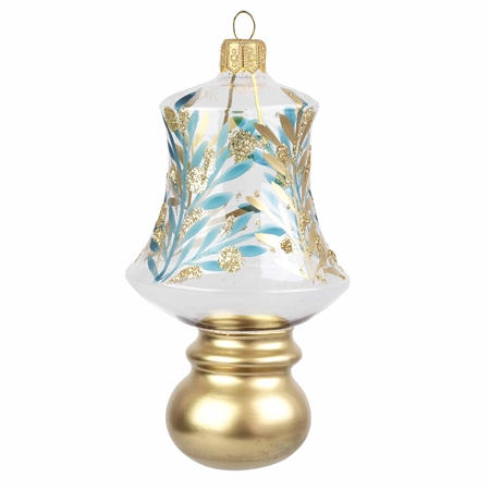 Vánoční ozdoba volný tvar zvonek s kouličkou dekor modré a bronzové větvičky