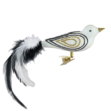 Skleněný ptáček bílý zlato-černý dekor