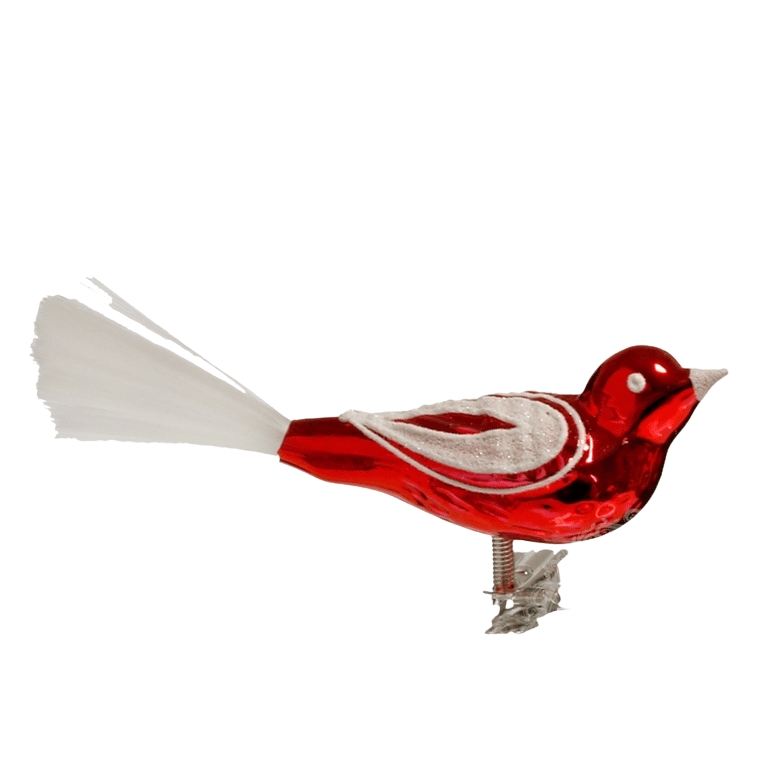 Skleněný ptáček červený s bílým dekorem