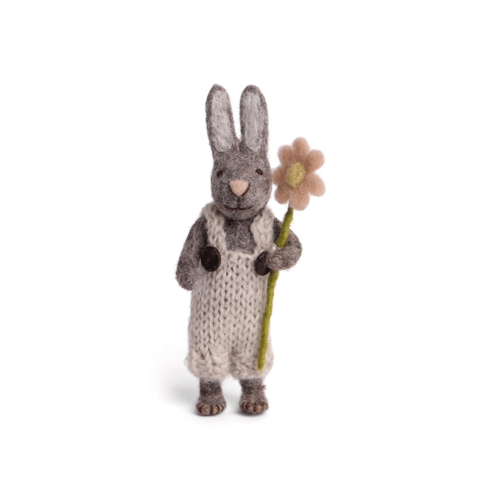 Plstěný králíček šedý s květinou