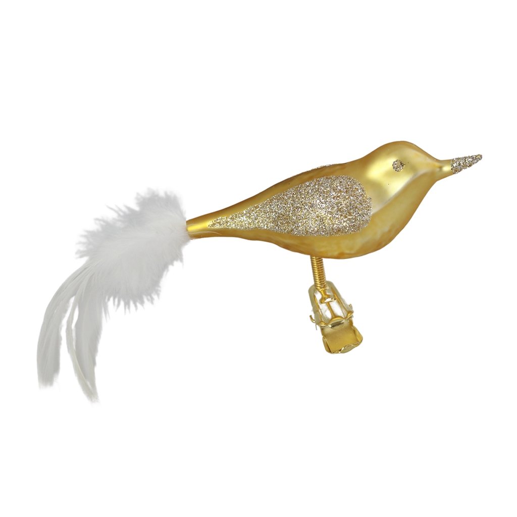 Skleněný ptáček zlatý se třpytkami